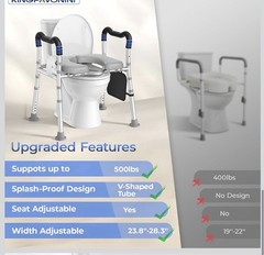 KingPavonini Raised Toilet Seat Riser w/ Handles Adjustable Height Padded 500lb