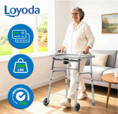 Folding Walker w/ Tray & 5″ Wheels, Adjustable Lightweight Walker, Silver