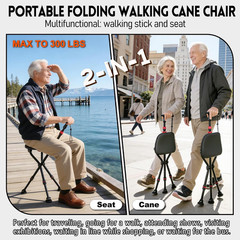 300-Pound Capacity Folding Cane with Seat, Adjustable Seat & Cane Height, Portab