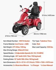 VEVOR Heavy Duty 4-Wheel Mobility Scooters 21.5 Miles 3-Speed 500lbs Capacity