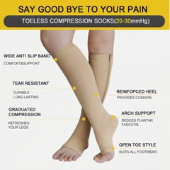 1/3PK Zipper Compression Socks Closed Toe 20-30mmHg With Zipper Safe Protection