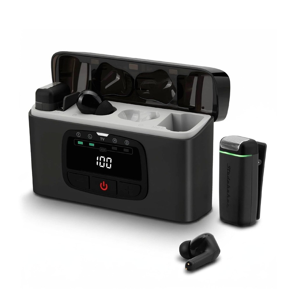 Studebaker AI Hearing System TV Base 2 Earbuds 2 Clip Mics Rechargeable