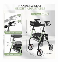 Cosydora R402 Rollator Walker with Seat, 13.6 lb, 8” Wheels, Sage Green