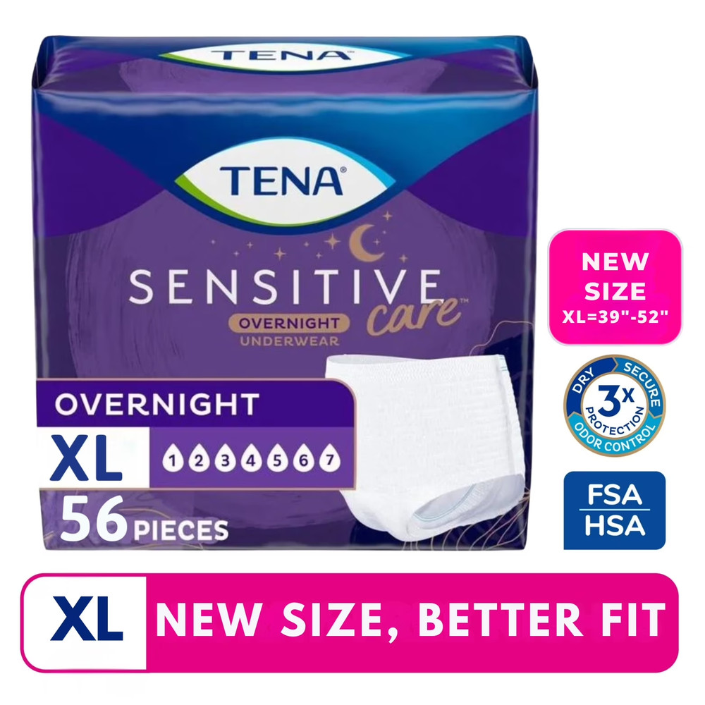 TENA Sensitive Care Overnight Underwear, XL, 56 Count (Waist Size 39in-52in)