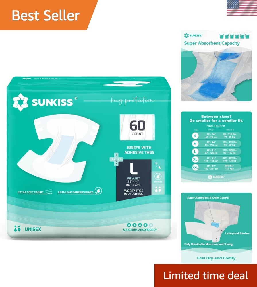 Comfortable Large Adult Diapers – Odor & Leak Protection, 60 Disposable Count