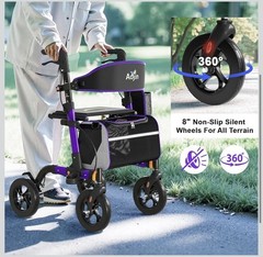 Aojin Rollator Walker For Seniors With Seat 8″All Terrain Wheels 350Lb Purple
