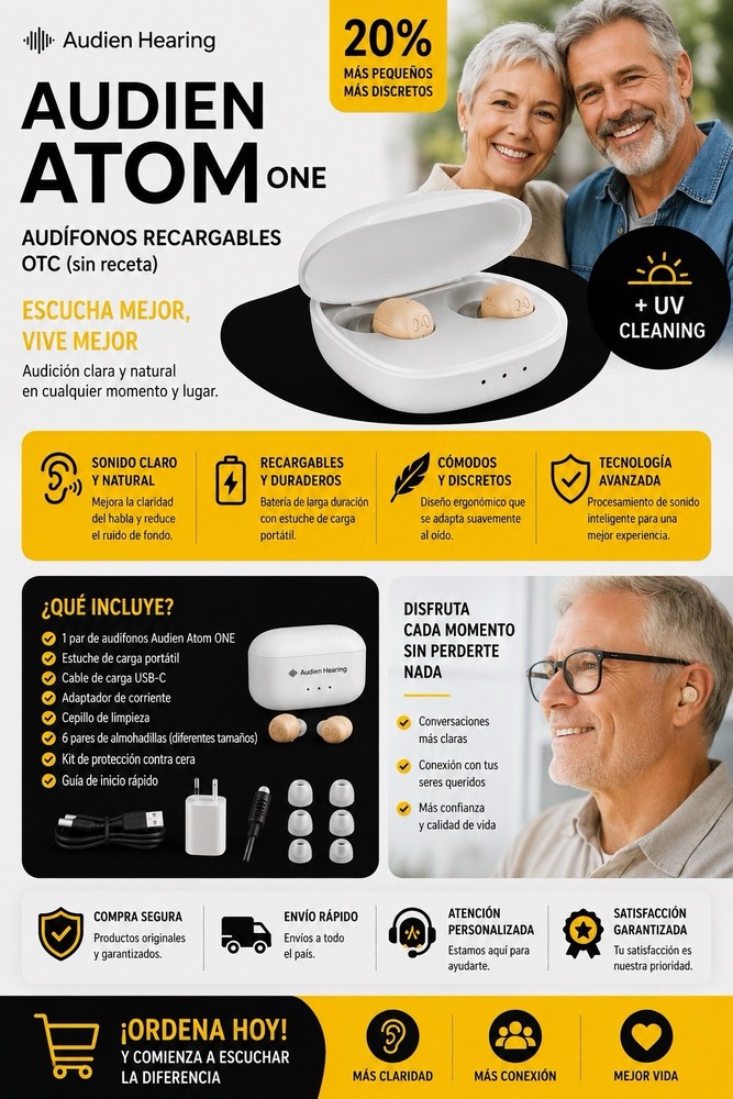 ***OTC Audien Hearing Atom One CIC Rechargeable Hearing Aids Pair w/ Case Beige