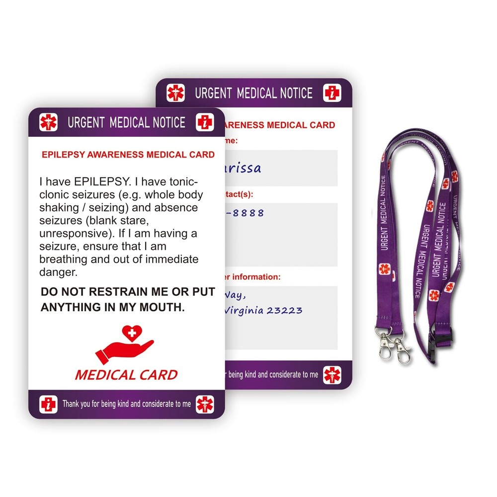 Epilepsy Medical Alert Card with Writable Panel & Patterned Lanyard 2PCS