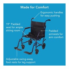 Carex Lightweight Blue Transport Wheelchair 25lbs Folding Portable 19 Inch Seat