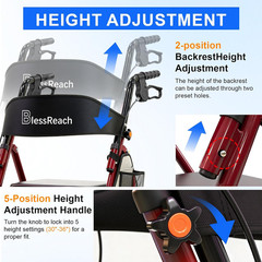 Lightweight Foldable Rollator Walkers with Seat for Seniors, 300 Lb Capacity, 5-