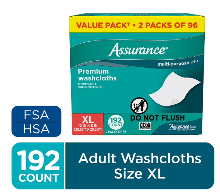 Assurance Premium Disposable Washcloths Pre-Moistened Body Wipes XL 192 Ct