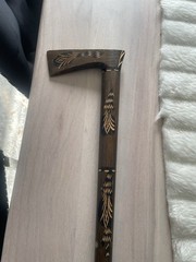 Vintage Polish Folk Art Zakopane Hand Carved Wood Walking Cane Axe Hatchet