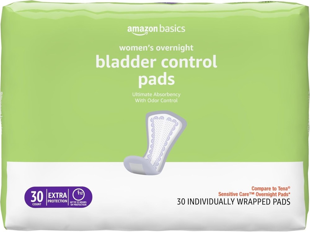 Amazon Basics Unscented Incontinence Pads for Women, Overnight, 30 Count