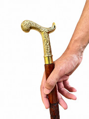 Antique Style Floral Brass Handle with 36in Carved Wood Walking Cane Collapsible
