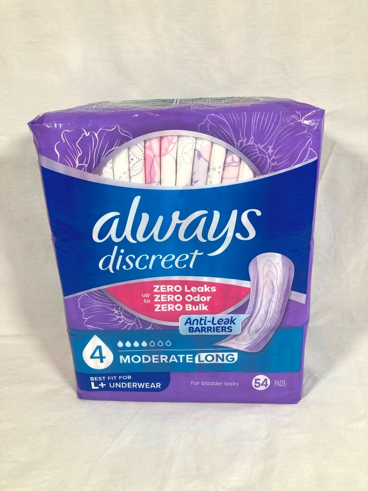 54 pads~ Always Discreet Moderate Long Absorbency 4 Drop Base Pads