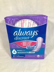 54 pads~ Always Discreet Moderate Long Absorbency 4 Drop Base Pads