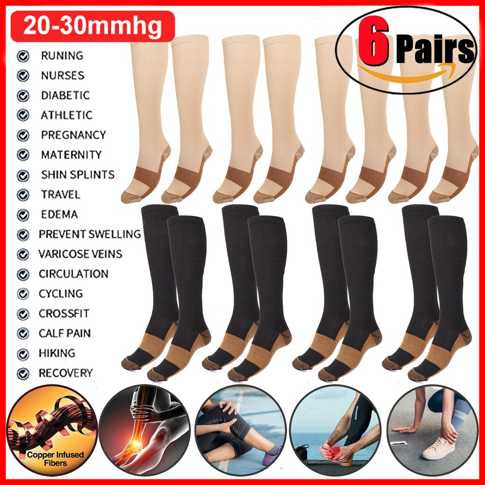 6 Pairs S-XXL Copper Compression Socks 20-30mmHg Graduated Support Mens Womens
