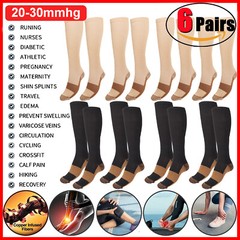 6 Pairs S-XXL Copper Compression Socks 20-30mmHg Graduated Support Mens Womens