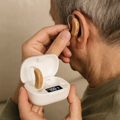 LEEL G28 BTE OTC Rechargeable Hearing Aids Pair Tan Charging Case LCD Display