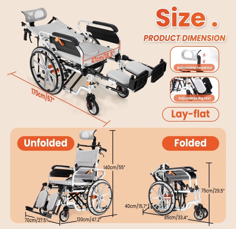 3-in-1 Reclining Foldable Wheelchair Lay-Flat Bed, 265 lb, Headrest
