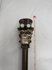 Decorative Steampunk Skull Handle Walking Cane, Top Hat & Goggles, Brown 38in