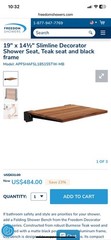 SlimLine Folding Wall Mount Shower Bench Seat, Rustic Teak Seat w/ Black Frame