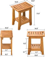 14″ Compact Teak Shower Stool with Shelf & Handle – Waterproof, 300 lbs Capacity
