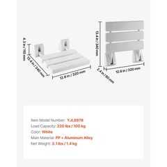Uimoso Foldable Shower Seat Wall Mounted Folding PP Shower Bench 220LBS Loading