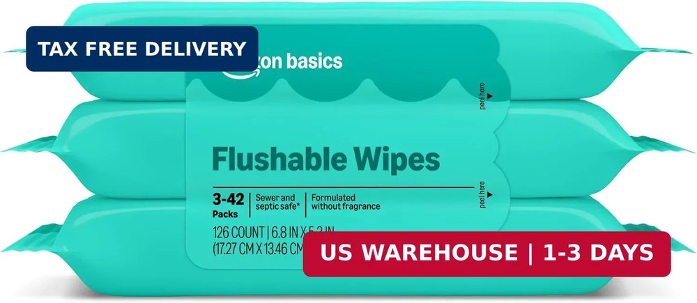 Amazon Basics Adult Wet Wipes Flushable Fragrance Free, 126 Count (3 Packs of 42