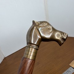 Brass Horse Head Handle Walking Stick Spiral Wood Cane Vintage