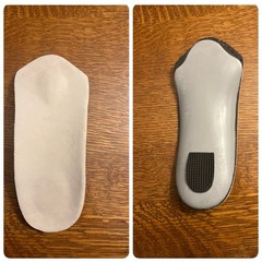 Premolded orthotic , leather cover & semi flexible plastic bottom.