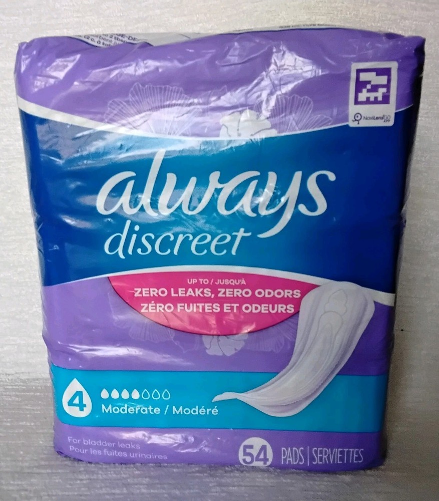 Always Discreet Moderate 4 Incontinence Pads Qty 54 Reg Length Scented