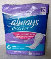 Always Discreet Moderate 4 Incontinence Pads Qty 54 Reg Length Scented