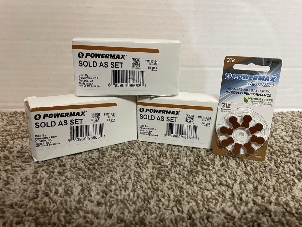3x Powermax PM312-64 Hearing Aid Batteries – Size 312 – Made in USA – 64 Pcs ea