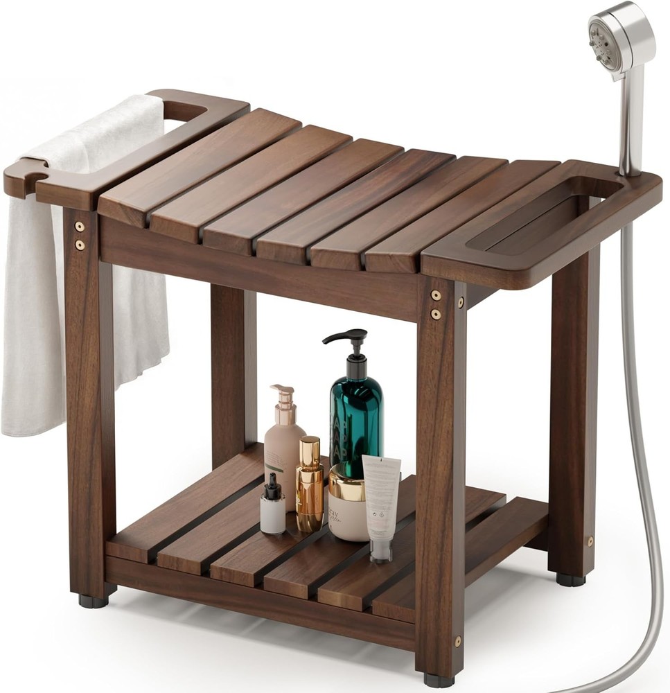 23″ Teak Shower Bench Teak Shower Stool Curved Seat,Wooden Stool for Bathroom,Te