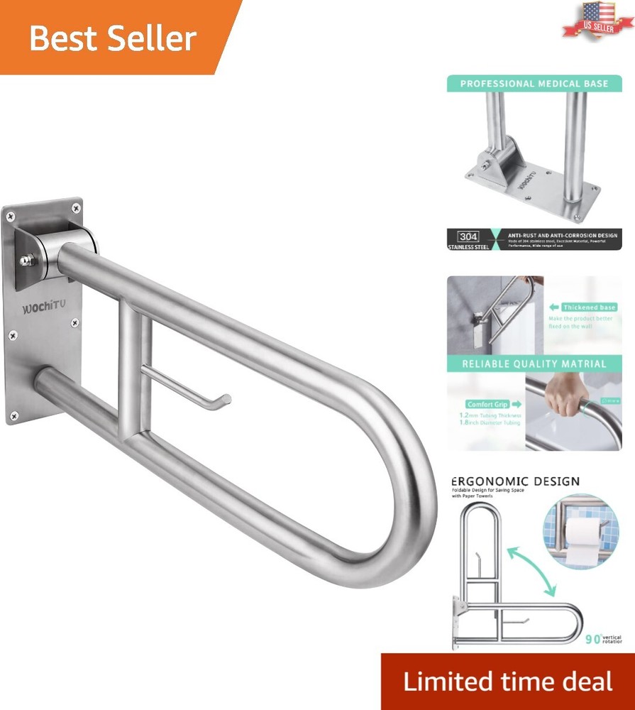 Space-Saving Flip-Up 29.5″ Stainless Steel Bathroom Grab Bar with Paper Holder