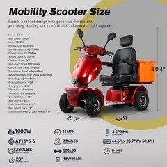 1000W 4-Wheel Heavy Duty Seniors Mobility Scooter 48V 20Ah 15 mph 33 Miles 500lb