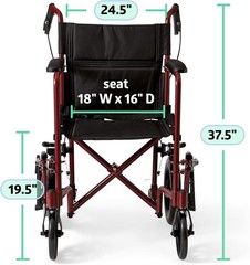 Medline Lightweight Foldable Transport Wheelchair Hand Brakes 12in Wheels Red.