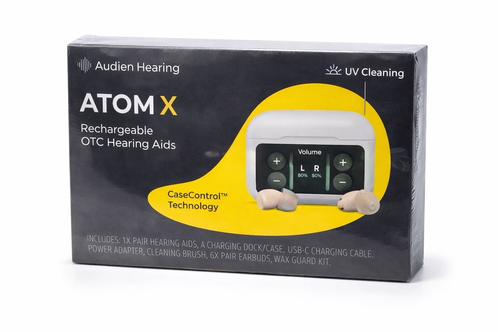 Audien Hearing Atom X Rechargeable CIC Hearing Aid UV Cleaning Both Ears Beige