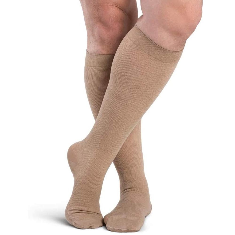 SIGVARIS Mens 922 DYNAVEN Closed Toe Calf Socks 20-30mmHg – Light Beige Crispa
