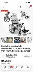 Lightweight Reclining Recliner Wheelchair Gray 330 lb 90°-135° Backrest