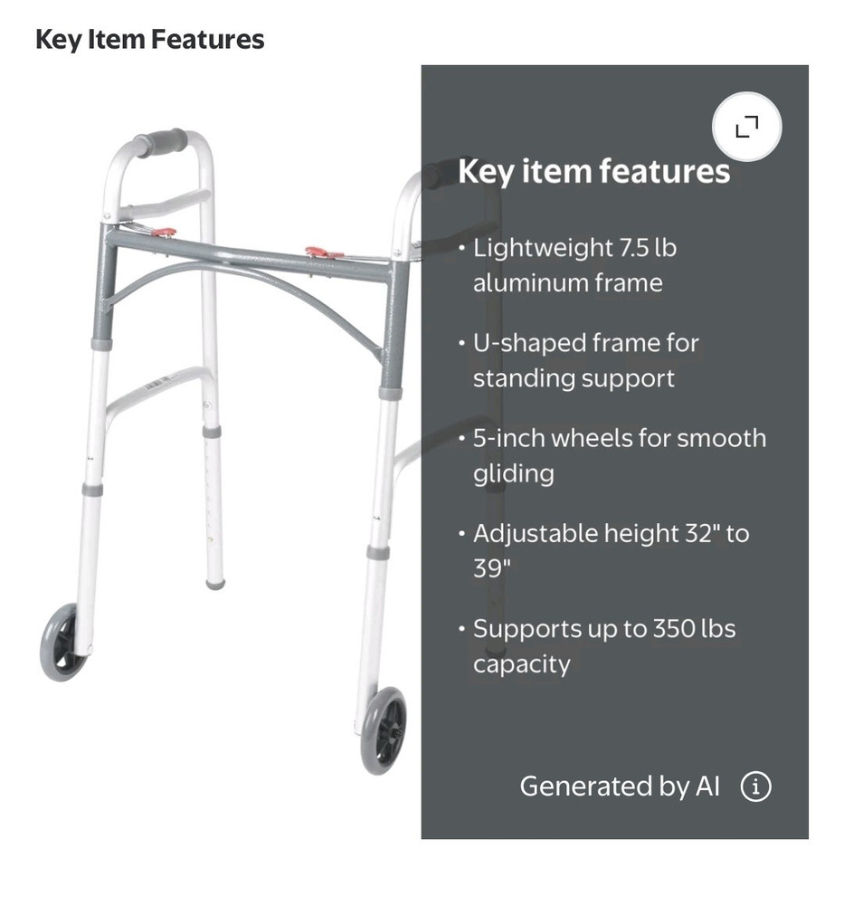 2-Wheel Aluminum Walking Frame Walker, Adjustable Height 32-39 in, 350 lb