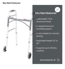 2-Wheel Aluminum Walking Frame Walker, Adjustable Height 32-39 in, 350 lb