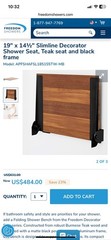 SlimLine Folding Wall Mount Shower Bench Seat, Rustic Teak Seat w/ Black Frame