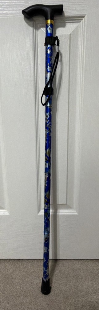Adjustable Metal Folding Cane Green Floral Design, 33–37”, Lightweight Aluminu