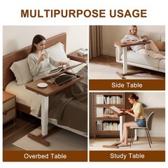 Solid Wood Overbed Bedside Table with Wheels, Adjustable Medical Tilt Top Hos…