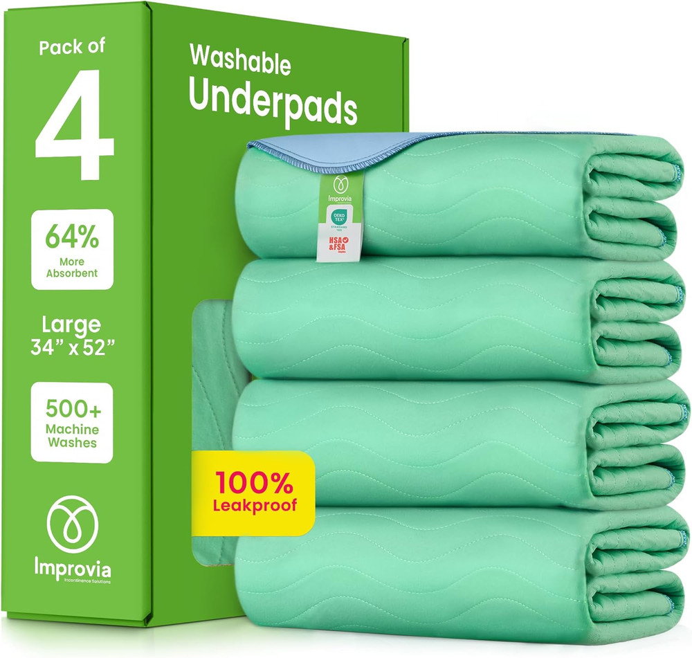 Washable Underpads 34″x52″ – Heavy Absorbency Reusable Incontinence Pads (4 Pack