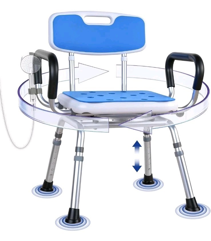 360° Swivel Shower Chair w/ Arms & Back, Heavy Duty [300 lbs] Padded 5-level Hei