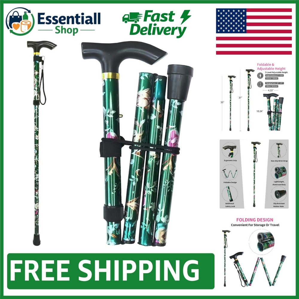 Portable Floral Folding Cane with Adjustable Height & Wrist Strap for Comfort