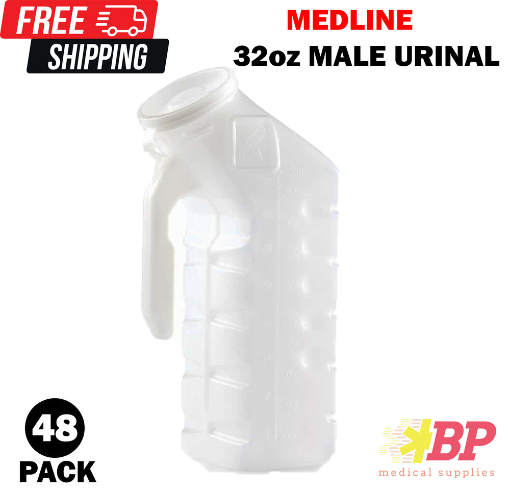 Medline Male Urinal Bottle W/ Lid Cover for Traveling 1000mL/32oz – 48 Bottles